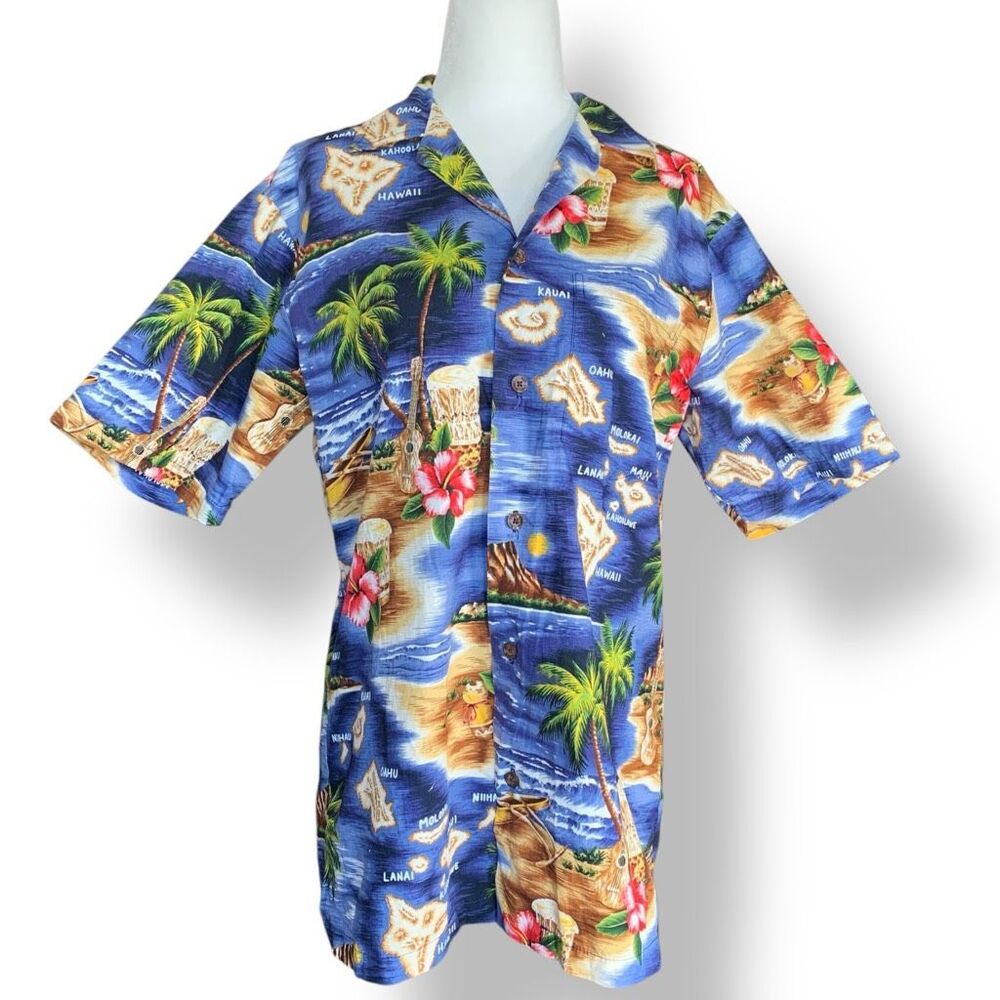 Vintage RJC Hawaiian Shirt Blue Island Map Short Sleeve Floral Aloha Boxy Camp